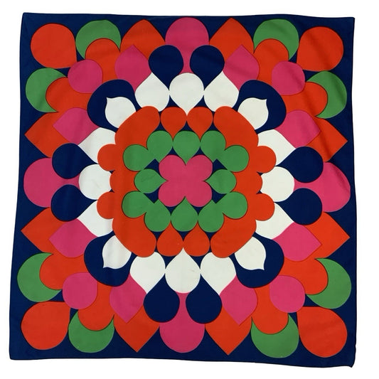 VTG 60S 70S MOD GEOMETRIC NAVY BLUE RED PINK GREEN WHITE PETAL SYMMETRIC SCARF