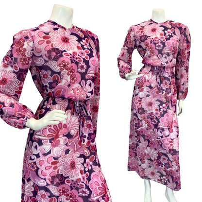 VTG 60S 70S SHEER PSYCHEDELIC FLORAL MAXI DRESS PINK PURPLE 10 12 14
