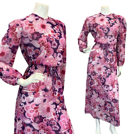 VTG 60S 70S SHEER PSYCHEDELIC FLORAL MAXI DRESS PINK PURPLE 10 12 14