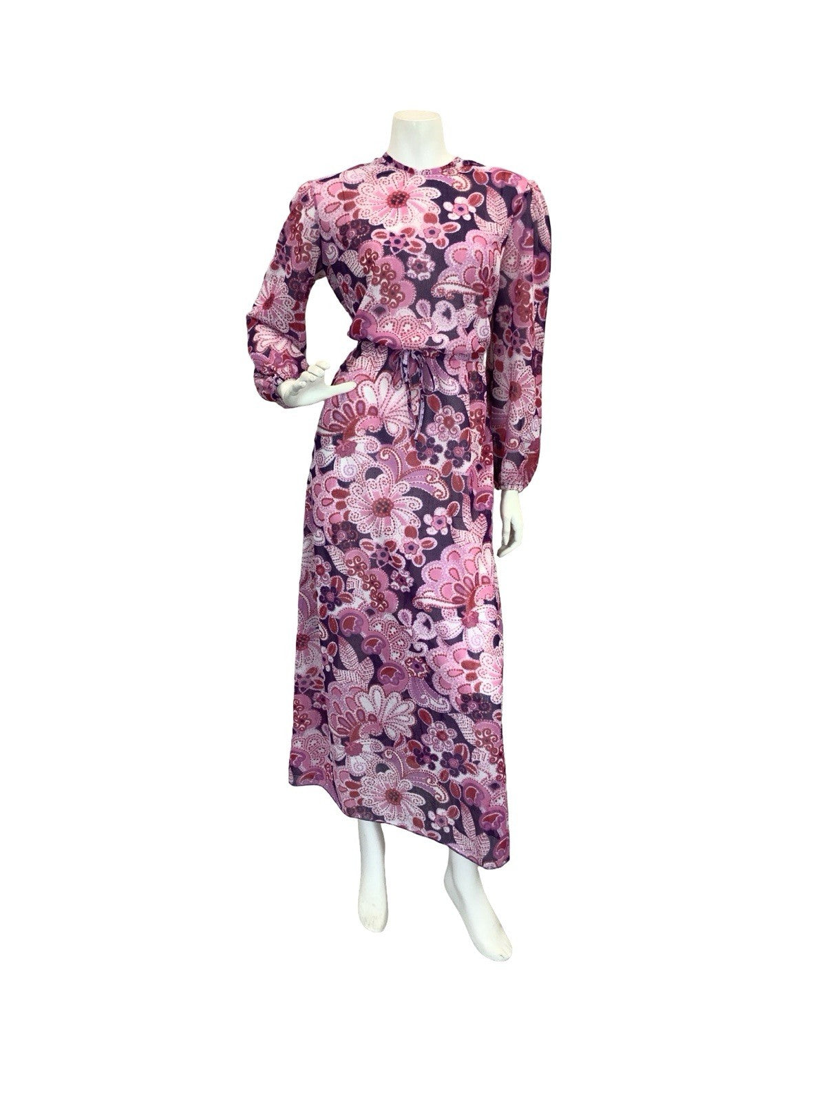 VTG 60S 70S SHEER PSYCHEDELIC FLORAL MAXI DRESS PINK PURPLE 10 12 14