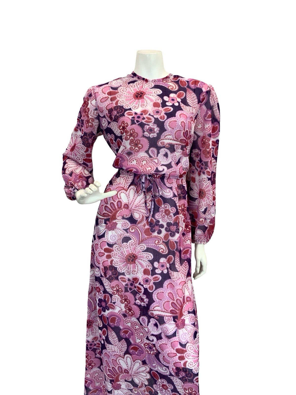 VTG 60S 70S SHEER PSYCHEDELIC FLORAL MAXI DRESS PINK PURPLE 10 12 14