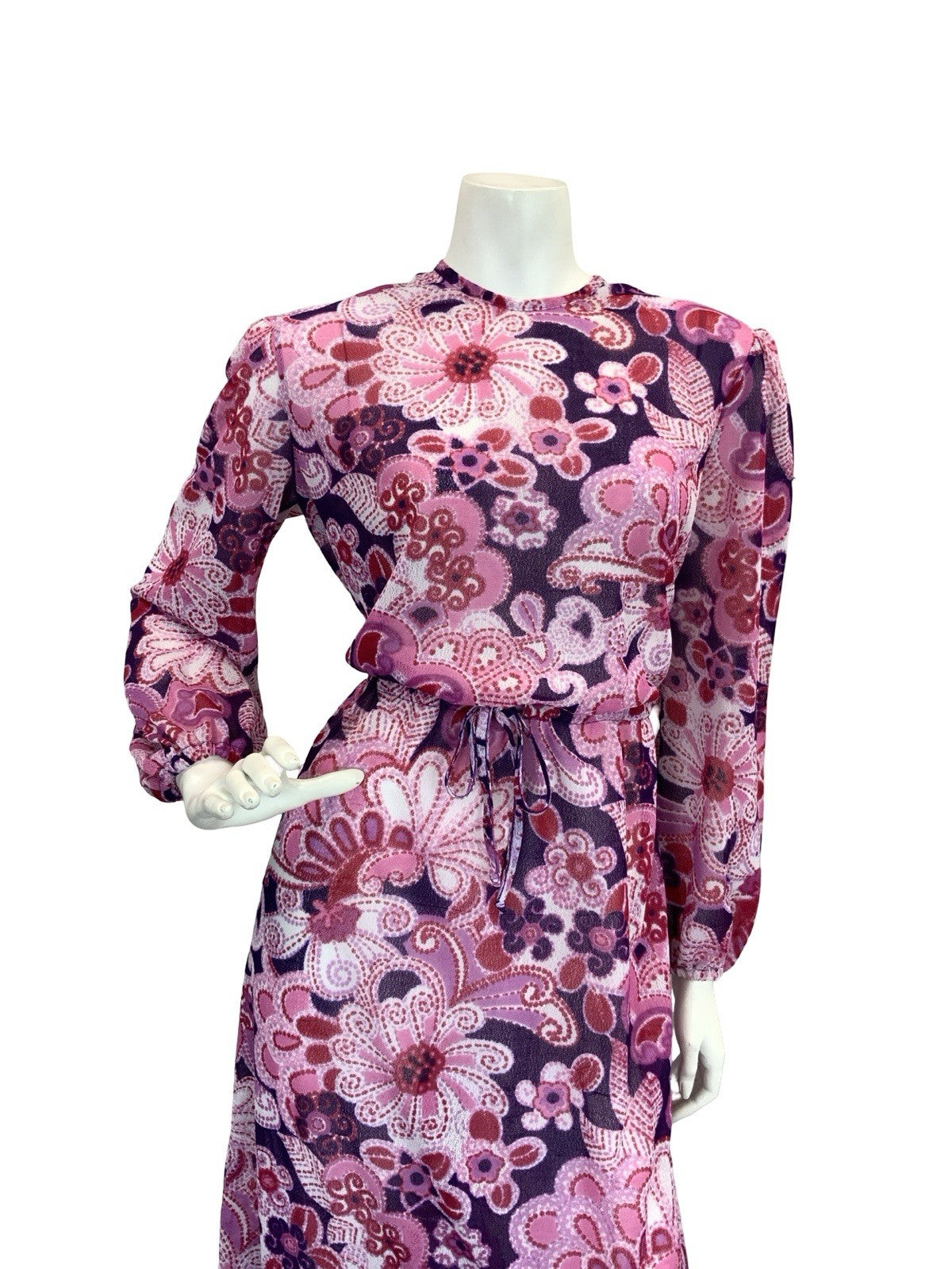 VTG 60S 70S SHEER PSYCHEDELIC FLORAL MAXI DRESS PINK PURPLE 10 12 14
