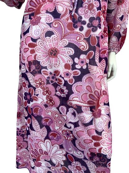 VTG 60S 70S SHEER PSYCHEDELIC FLORAL MAXI DRESS PINK PURPLE 10 12 14