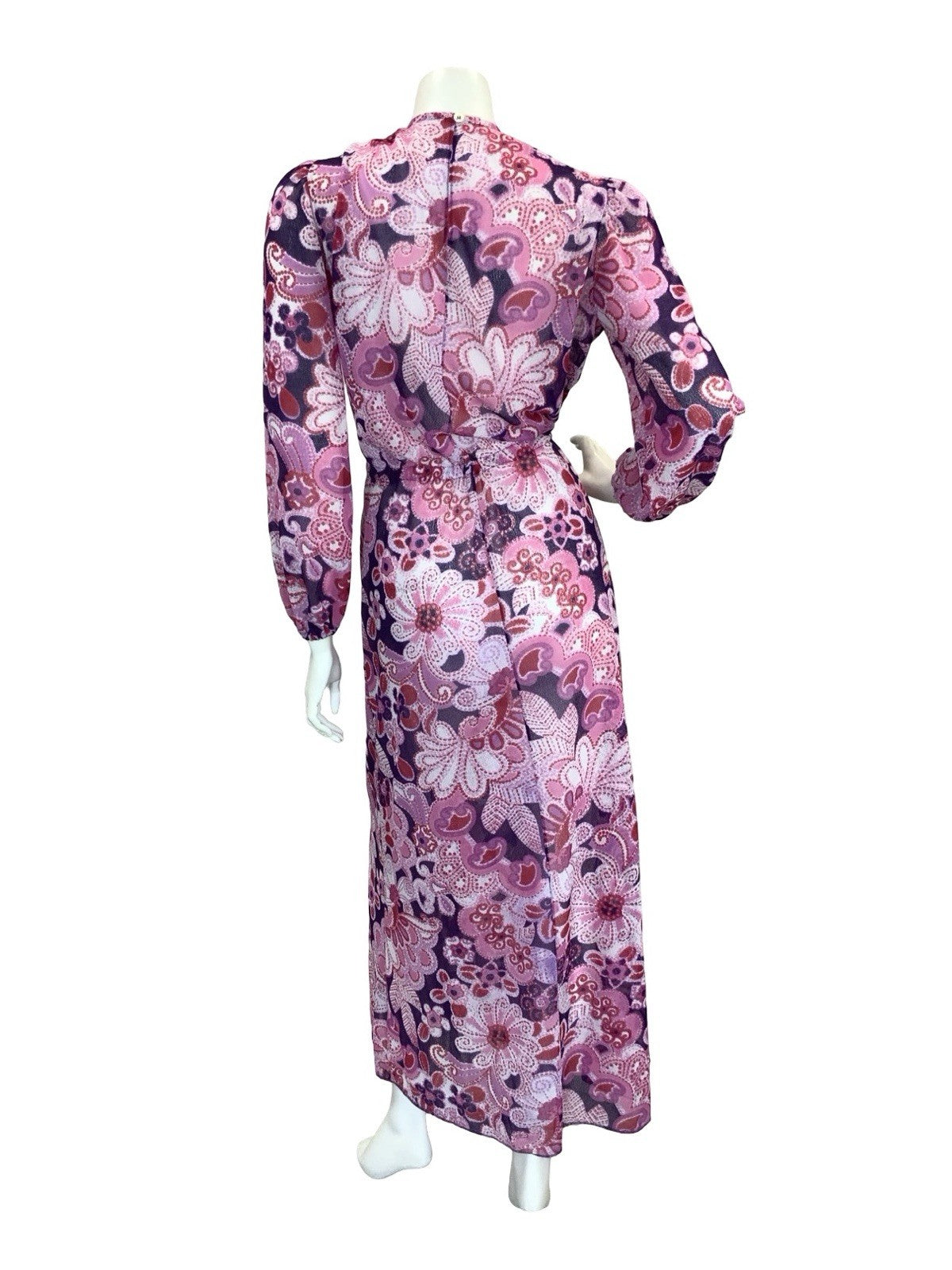 VTG 60S 70S SHEER PSYCHEDELIC FLORAL MAXI DRESS PINK PURPLE 10 12 14