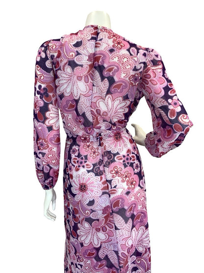 VTG 60S 70S SHEER PSYCHEDELIC FLORAL MAXI DRESS PINK PURPLE 10 12 14