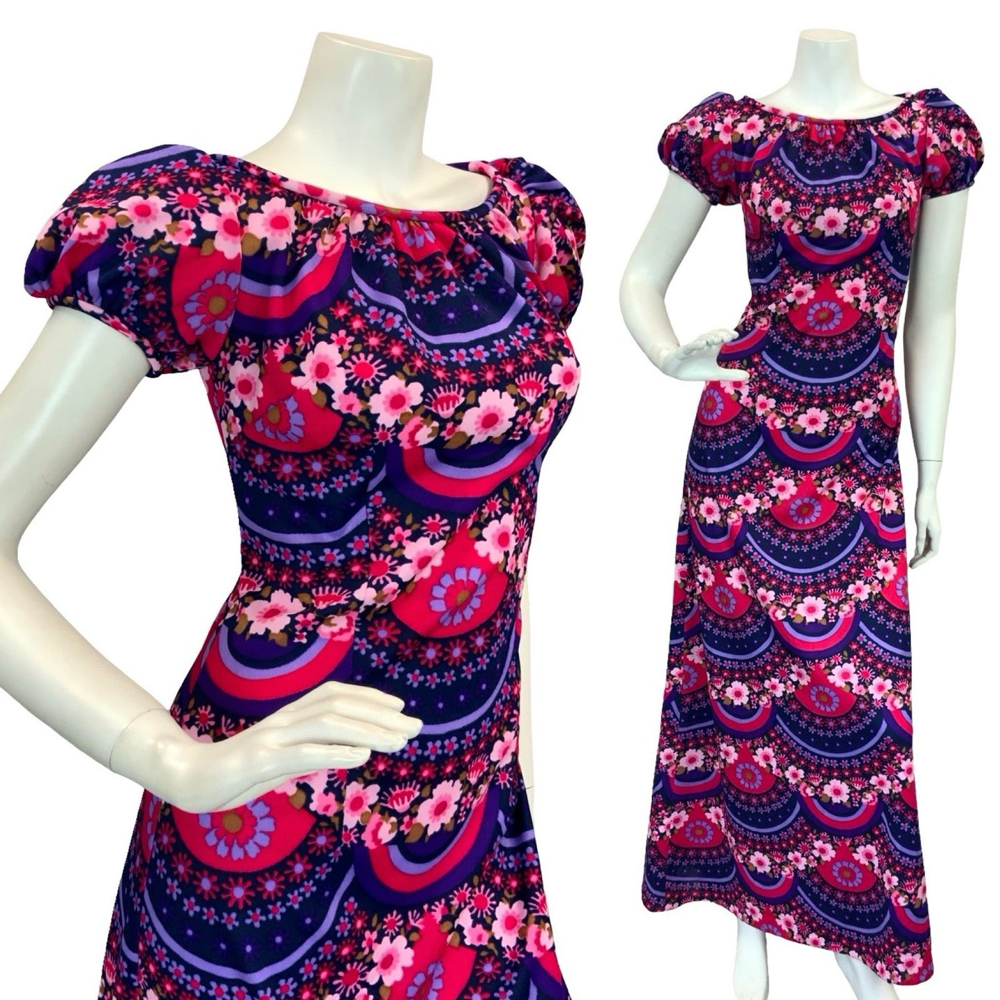 VTG 60S 70S PSYCHEDELIC FLORAL REGENCY MAXI DRESS PURPLE PINK 10