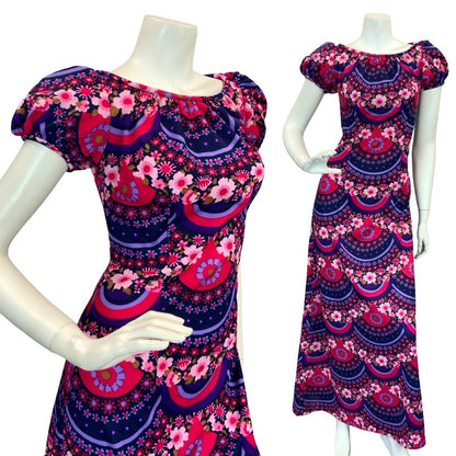 VTG 60S 70S PSYCHEDELIC FLORAL REGENCY MAXI DRESS PURPLE PINK 10