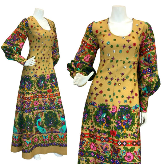 VTG 60S 70S PSYCHEDELIC PAISLEY PEACOCK BOHO MAXI DRESS TAN GREEN RED BLUE 8 10