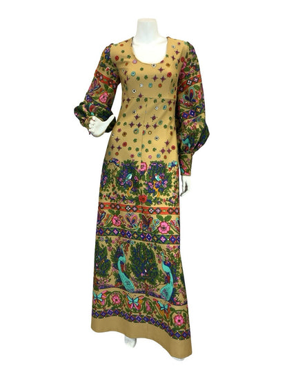 VTG 60S 70S PSYCHEDELIC PAISLEY PEACOCK BOHO MAXI DRESS TAN GREEN RED BLUE 8 10