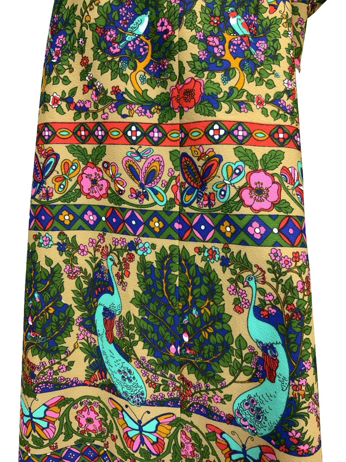 VTG 60S 70S PSYCHEDELIC PAISLEY PEACOCK BOHO MAXI DRESS TAN GREEN RED BLUE 8 10
