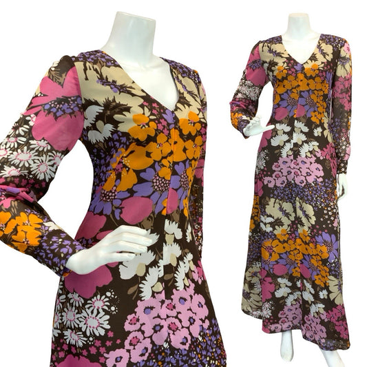 VTG 70S FLORAL PSYCHEDELIC MAXI DRESS BROWN PINK PURPLE ORANGE 10 12