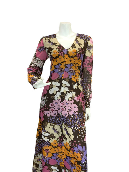 VTG 70S FLORAL PSYCHEDELIC MAXI DRESS BROWN PINK PURPLE ORANGE 10 12