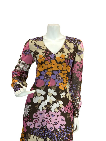 VTG 70S FLORAL PSYCHEDELIC MAXI DRESS BROWN PINK PURPLE ORANGE 10 12