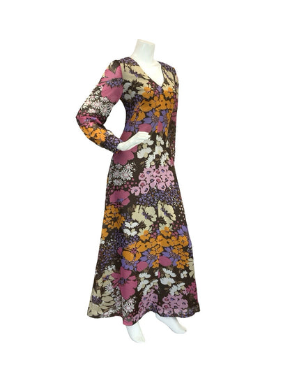 VTG 70S FLORAL PSYCHEDELIC MAXI DRESS BROWN PINK PURPLE ORANGE 10 12