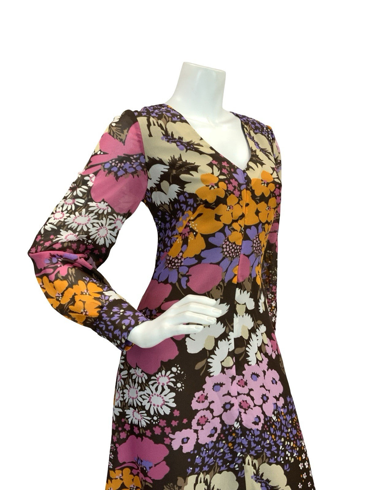 VTG 70S FLORAL PSYCHEDELIC MAXI DRESS BROWN PINK PURPLE ORANGE 10 12