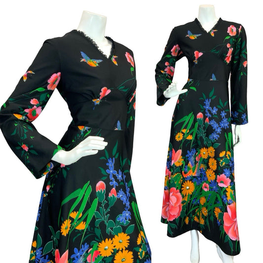 VTG 70S GARDEN FLORAL MAXI DRESS BLACK YELLOW BLUE PINK GREEN