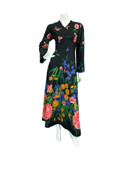 VTG 70S GARDEN FLORAL MAXI DRESS BLACK YELLOW BLUE PINK GREEN