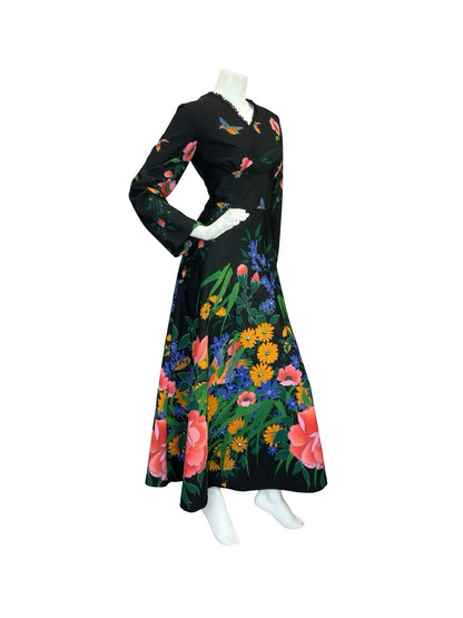VTG 70S GARDEN FLORAL MAXI DRESS BLACK YELLOW BLUE PINK GREEN