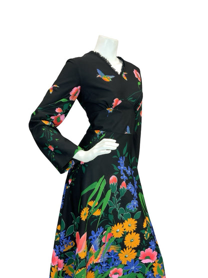 VTG 70S GARDEN FLORAL MAXI DRESS BLACK YELLOW BLUE PINK GREEN