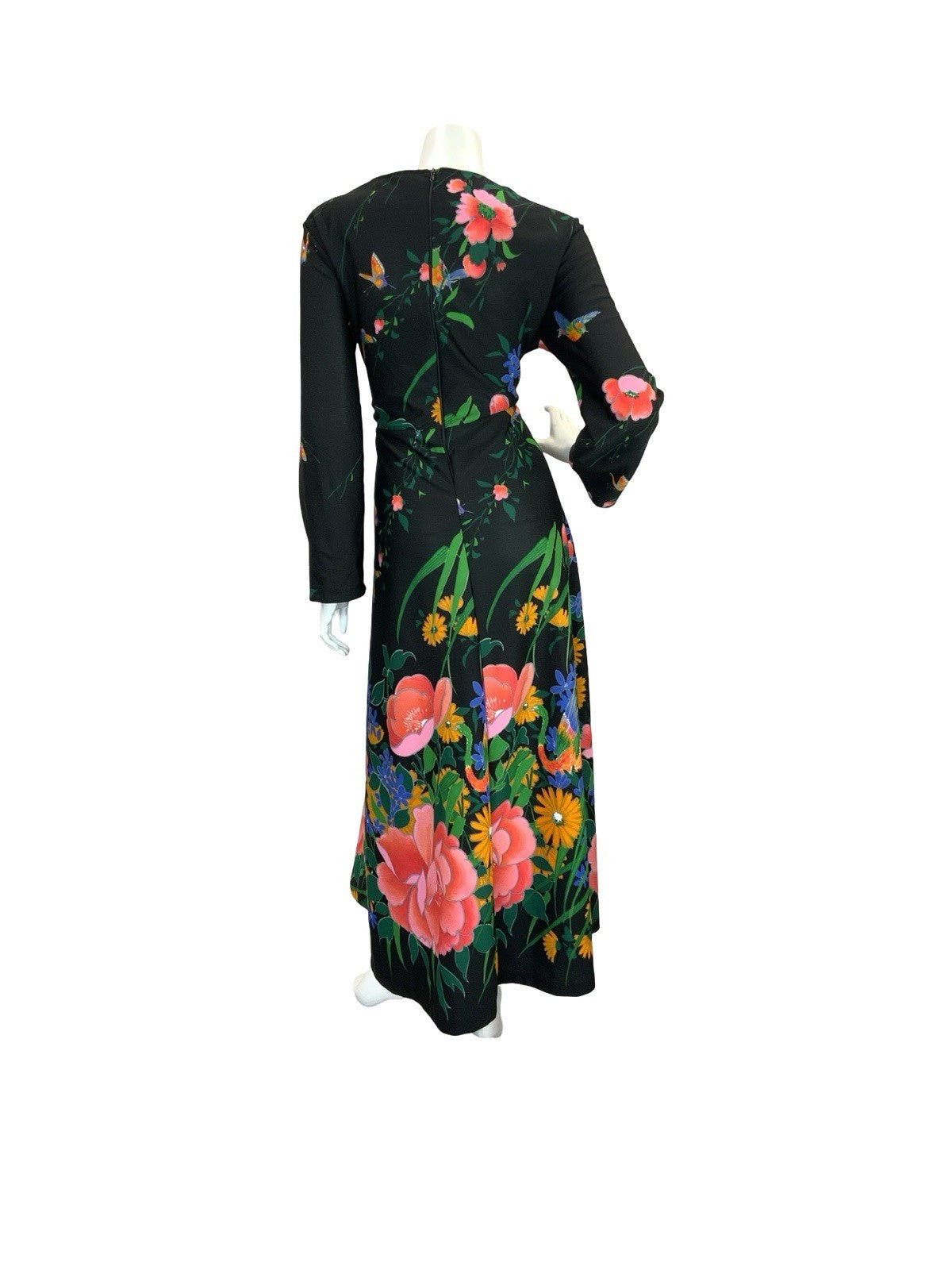 VTG 70S GARDEN FLORAL MAXI DRESS BLACK YELLOW BLUE PINK GREEN