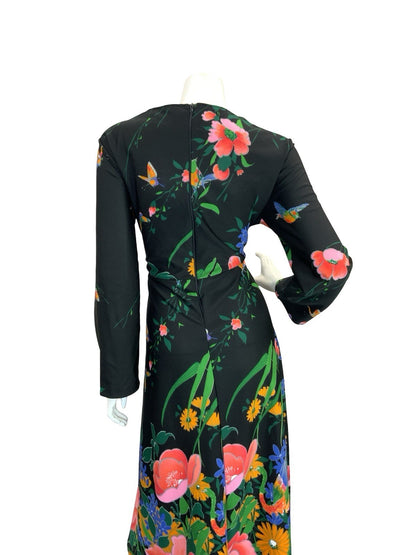 VTG 70S GARDEN FLORAL MAXI DRESS BLACK YELLOW BLUE PINK GREEN