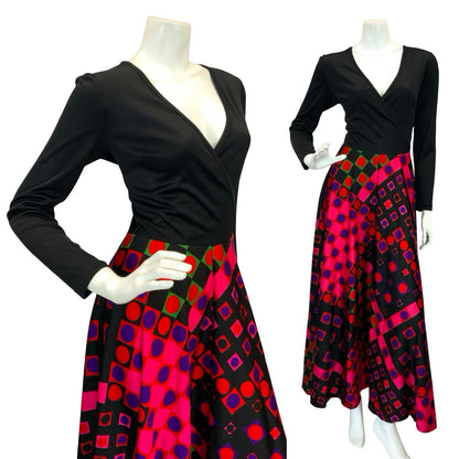 VTG 70S WRAP FRONT GEOMETRIC DISCO MAXI DRESS BLACK PINK GREEN RED PURPLE 8 10