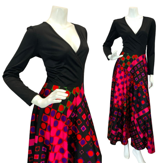 VTG 70S WRAP FRONT GEOMETRIC DISCO MAXI DRESS BLACK PINK GREEN RED PURPLE 8 10