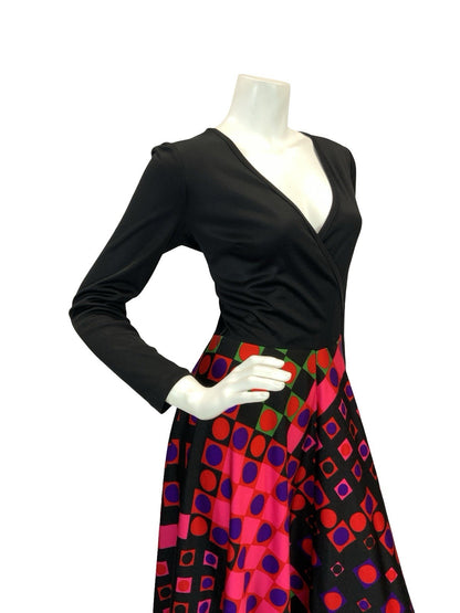 VTG 70S WRAP FRONT GEOMETRIC DISCO MAXI DRESS BLACK PINK GREEN RED PURPLE 8 10