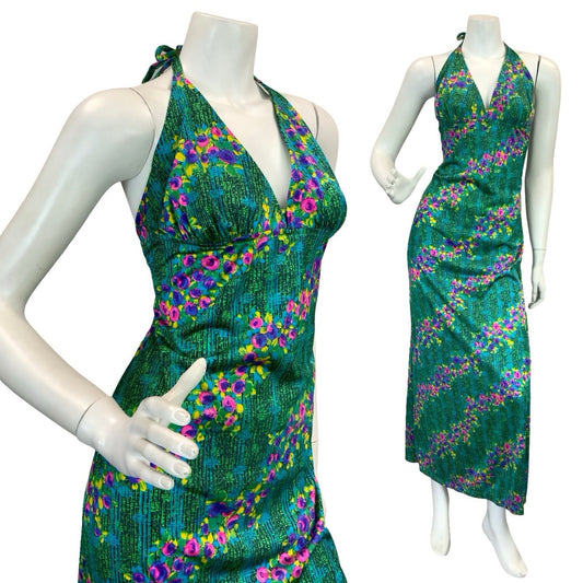 VTG 70S DISCO SUN HALTER FLORAL MAXI DRESS 10 12 14 GREEN BLUE PINK PURPLE