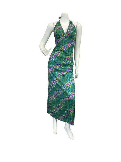 VTG 70S DISCO SUN HALTER FLORAL MAXI DRESS 10 12 14 GREEN BLUE PINK PURPLE