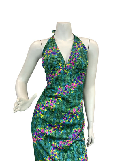 VTG 70S DISCO SUN HALTER FLORAL MAXI DRESS 10 12 14 GREEN BLUE PINK PURPLE