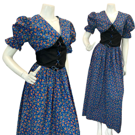 VTG 70S FLORAL PRAIRIE COTTAGECORE PEASANT BLUE LACE UP MAXI DRESS 10