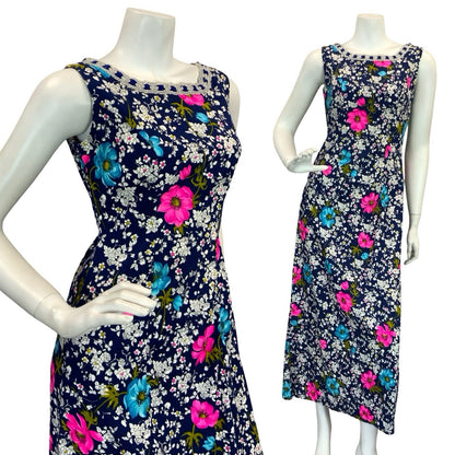 VTG 70S FLORAL MAXI SHIFT DRESS SILVER BLUE WHITE PINK BLUE 8