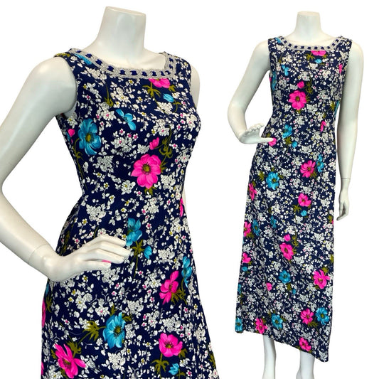 VTG 70S FLORAL MAXI SHIFT DRESS SILVER BLUE WHITE PINK BLUE 8