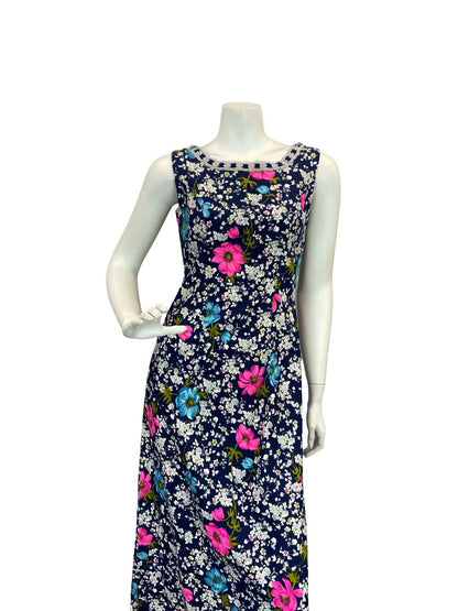 VTG 70S FLORAL MAXI SHIFT DRESS SILVER BLUE WHITE PINK BLUE 8