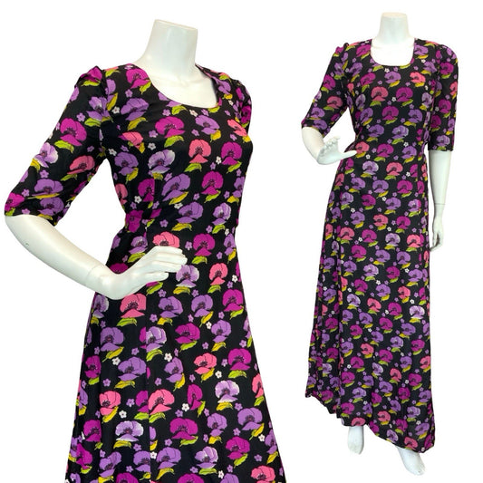 VTG 70S ROMANTIC FLORAL POPPIES MAXI DRESS BLACK PINK PURPLE GREEN 12 14