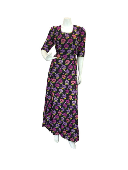 VTG 70S ROMANTIC FLORAL POPPIES MAXI DRESS BLACK PINK PURPLE GREEN 12 14