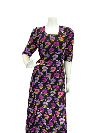 VTG 70S ROMANTIC FLORAL POPPIES MAXI DRESS BLACK PINK PURPLE GREEN 12 14