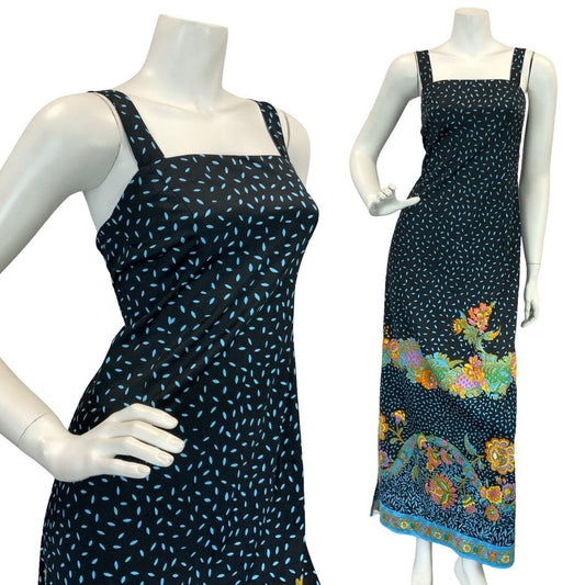 VTG 70S PAISLEY MAXI SUN DRESS BLACK BLUE PINK ORANGE YELLOW 6 8
