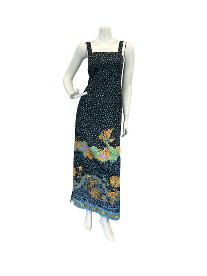 VTG 70S PAISLEY MAXI SUN DRESS BLACK BLUE PINK ORANGE YELLOW 6 8