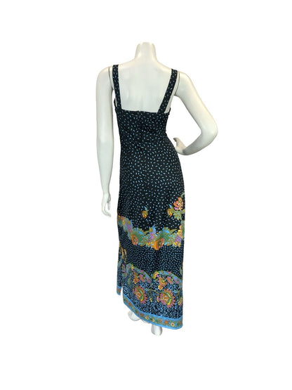 VTG 70S PAISLEY MAXI SUN DRESS BLACK BLUE PINK ORANGE YELLOW 6 8