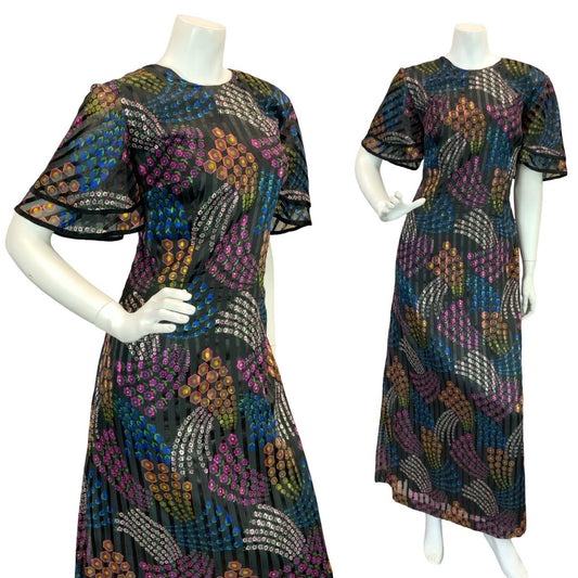 VTG 70S GEOMETRIC PSYCHEDELIC MAXI DRESS PINK YELLOW GREEN BLUE BLACK 12 14 16