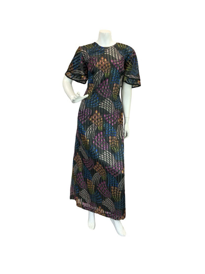 VTG 70S GEOMETRIC PSYCHEDELIC MAXI DRESS PINK YELLOW GREEN BLUE BLACK 12 14 16