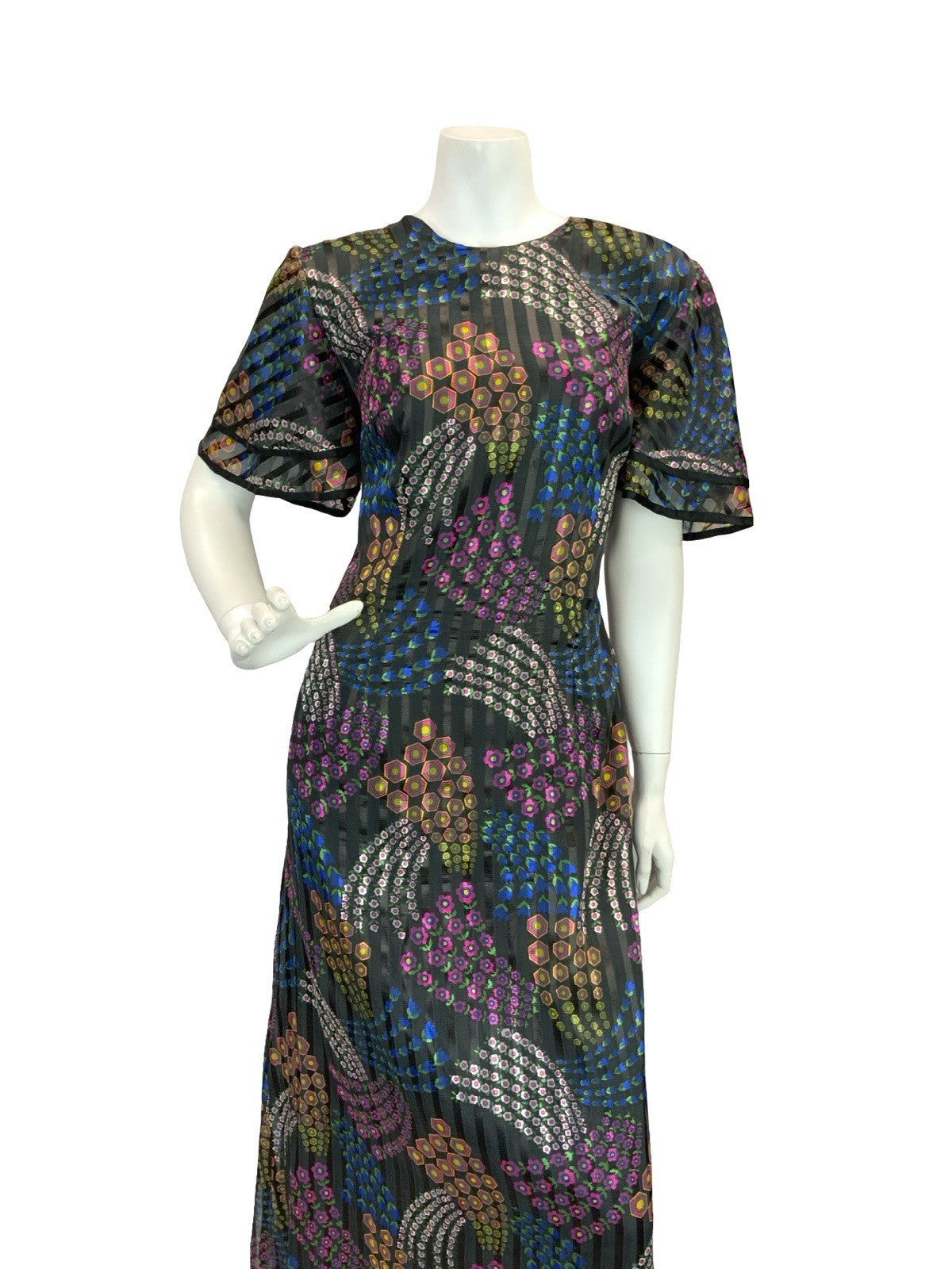 VTG 70S GEOMETRIC PSYCHEDELIC MAXI DRESS PINK YELLOW GREEN BLUE BLACK 12 14 16