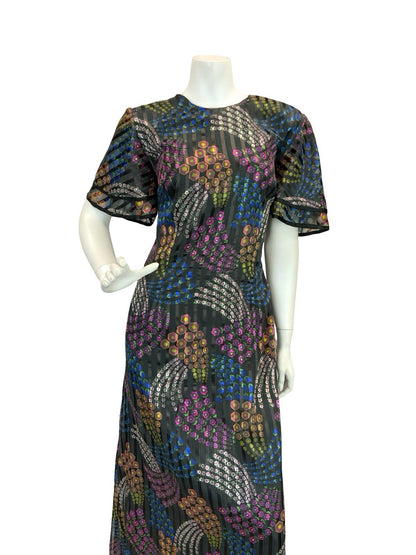 VTG 70S GEOMETRIC PSYCHEDELIC MAXI DRESS PINK YELLOW GREEN BLUE BLACK 12 14 16
