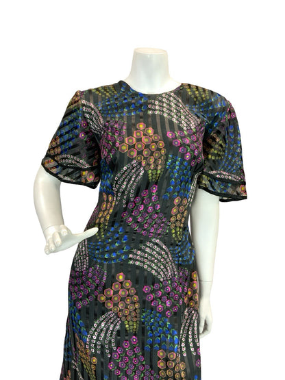 VTG 70S GEOMETRIC PSYCHEDELIC MAXI DRESS PINK YELLOW GREEN BLUE BLACK 12 14 16
