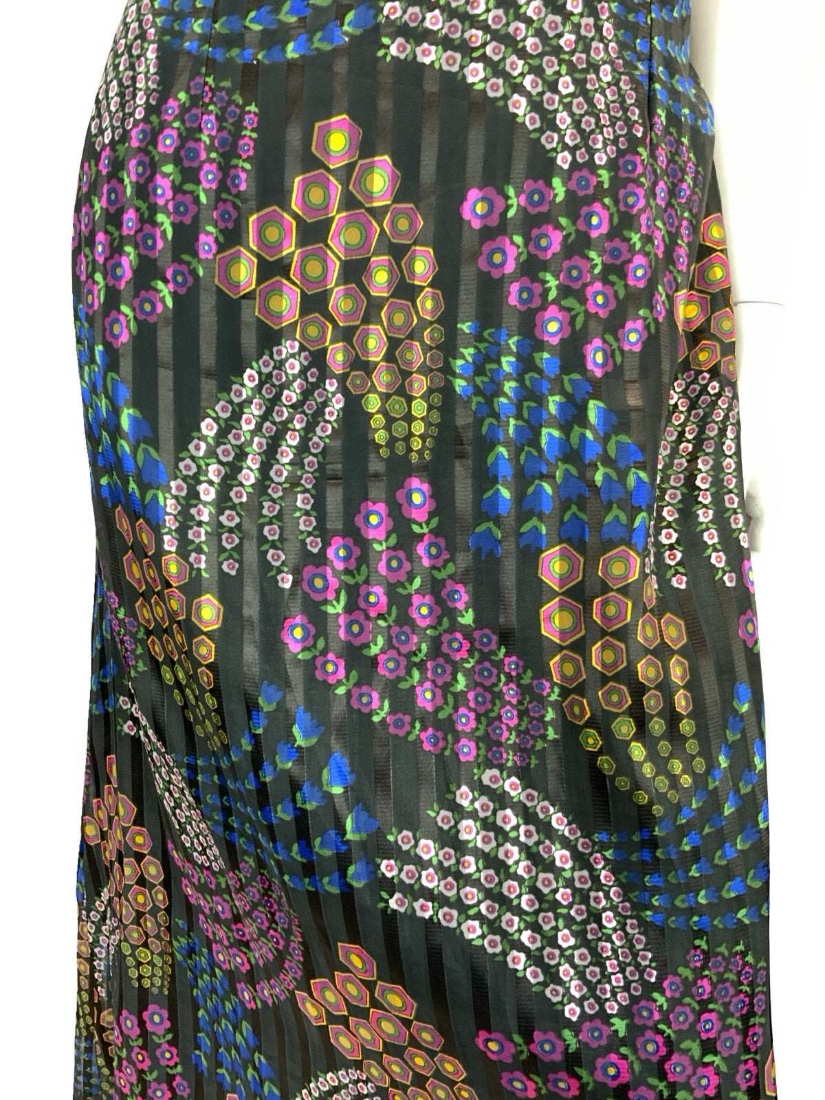 VTG 70S GEOMETRIC PSYCHEDELIC MAXI DRESS PINK YELLOW GREEN BLUE BLACK 12 14 16