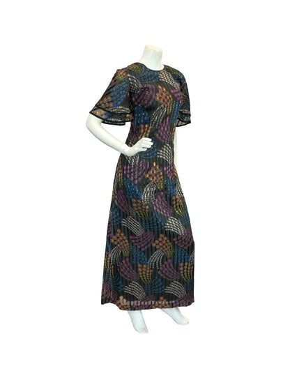 VTG 70S GEOMETRIC PSYCHEDELIC MAXI DRESS PINK YELLOW GREEN BLUE BLACK 12 14 16
