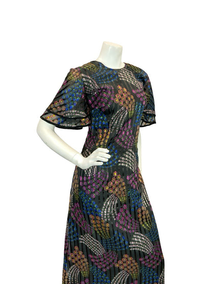 VTG 70S GEOMETRIC PSYCHEDELIC MAXI DRESS PINK YELLOW GREEN BLUE BLACK 12 14 16