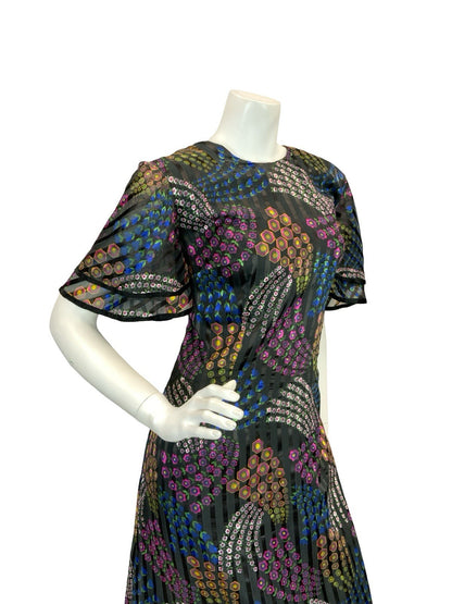 VTG 70S GEOMETRIC PSYCHEDELIC MAXI DRESS PINK YELLOW GREEN BLUE BLACK 12 14 16